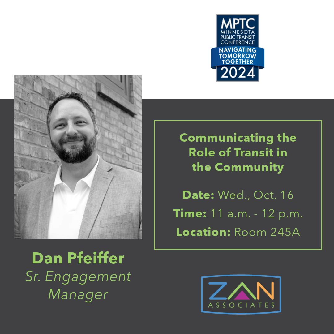 ZanAssociates's tweet image. Dan Pfeiffer, Senior Engagement Manager, will be in Mankato this week for the 2024 @MNPublicTransportation (#MPTA) Conference. Alongside Paige Schuette from TRUE Transit, Dan will present Communicating the Role of Transit in the Community.