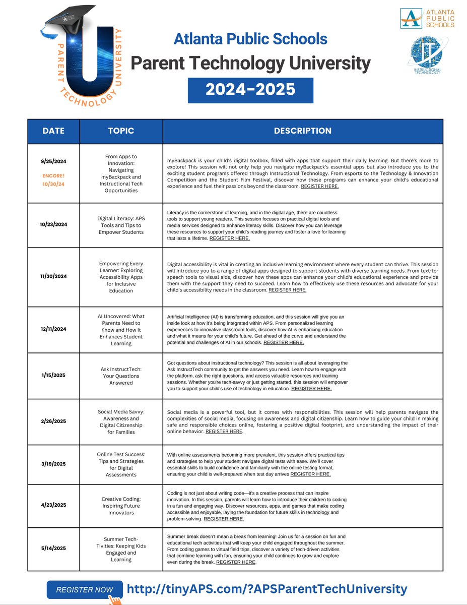 Join us for Parent Technology University—a monthly Zoom series where you can explore online tools and resources to support your child’s education! 💻✨ Discover essential digital tools, learn about AI in education, dive into social media safety, and explore accessibility apps and