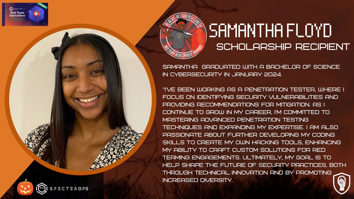 BlackInCyberCo1's tweet photo. 🎃 Samantha graduated with a Bachelor of Science in Cybersecurity in January 2024. 

#BlacksInCyber #BlackInCyber #BlacksInCybersecurity #LitLikeBIC #BIC_RTDP #BIC_BTDP #SpecterBash #SpecterOps https://t.co/6HQXhxKqt8