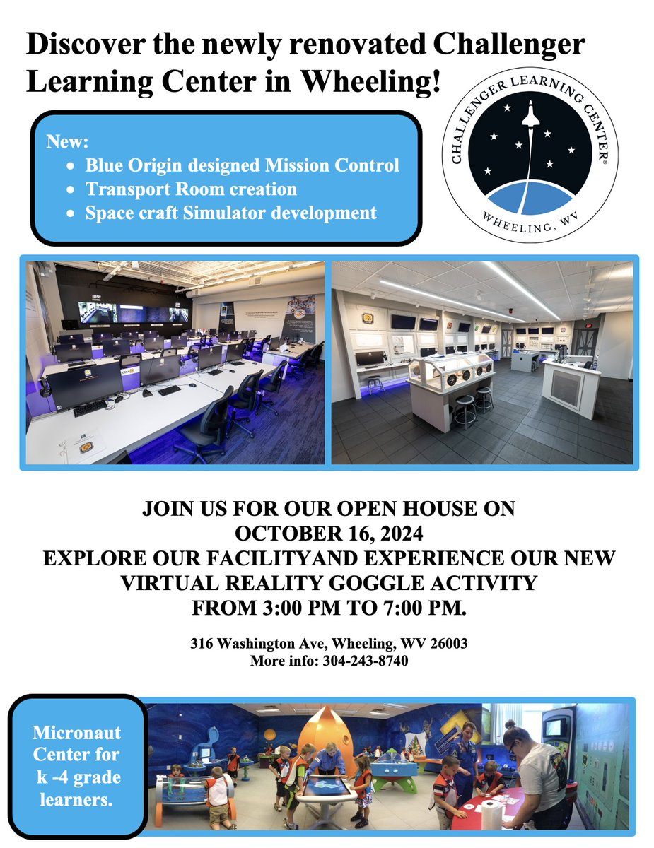 Challenger Learning Center Open House is today at Wheeling University!

Tour the newly renovated space, learn more about its exciting on-site &amp; distance learning programs for K-12, &amp; explore the wonders of the universe from 3-7pm.

#VisitWheelingWV 🚀