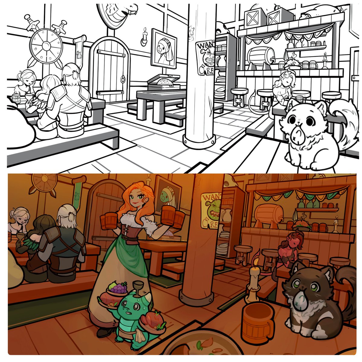 sinillus's tweet photo. Twitch screen comm for @cahlaflour  🍻

I wanted to share the lineart version as well because it’s not something I usually do, and turned out so fun to do hehe https://t.co/MRsLjBa0KI