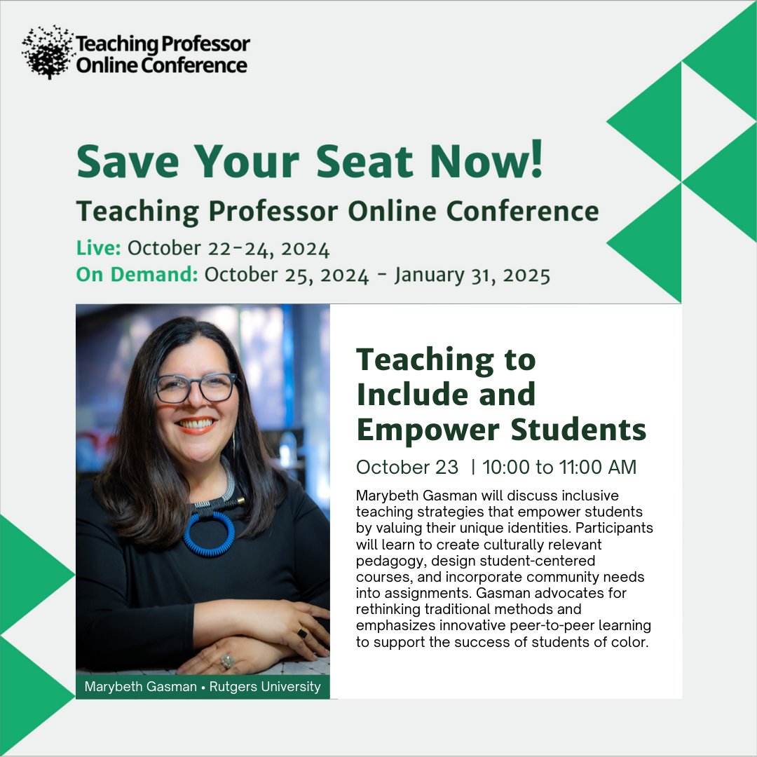 Magnapubs's tweet image. Join Marybeth Gasman and get the opportunity to contribute to this discussion on October 23, from 10:00 to 11:00 AM.

Register today and be part of a community dedicated to excellence in education.

Here’s the link: magnapubs.com/TPOC24.

#teachingprofessorconference