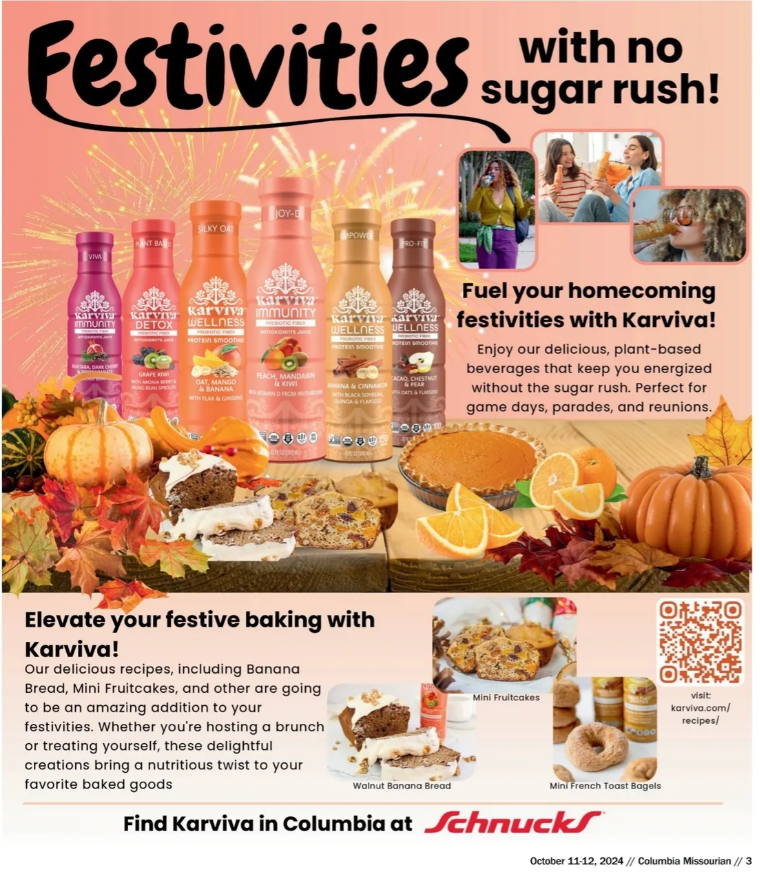 Karvivawellness's tweet photo. We’re thrilled to be part of the homecoming celebration with @ColumbiaMissourian and proud to support local as a member of @BuyMissouri! 🎉 Enjoy all the sweet festivities without the sugar rush—only with Karviva! 🍹✨ https://t.co/cn4jcxaUdW