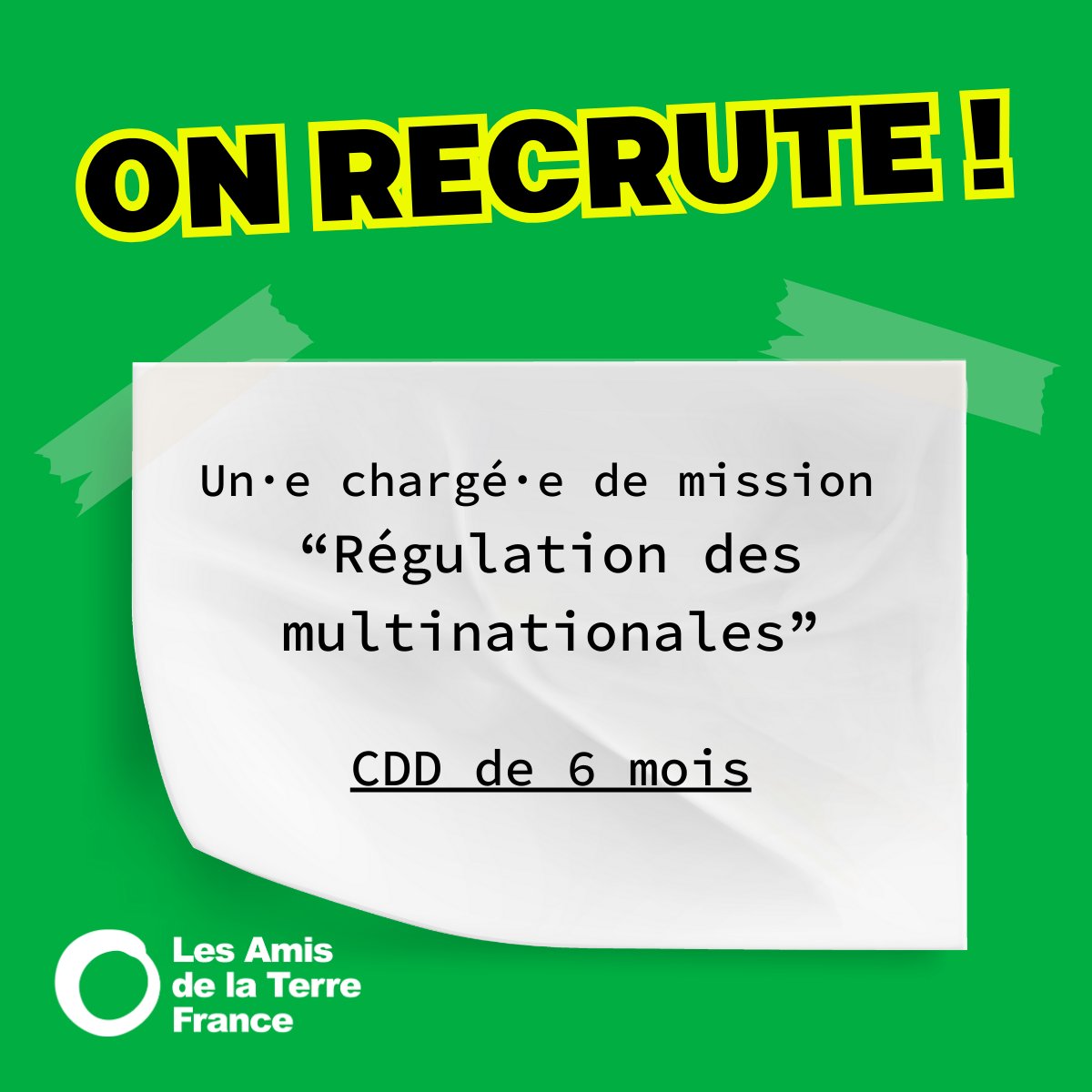 👋👋
Les Amis de la Terre sont à la recherche d'un·e chargé·e de mission “Régulation des multinationales” pour un CDD de 6 mois en remplacement d’un congé maternité à partir de décembre 2024.

Infos et candidature 👉 amisdelaterre.org/recrutement/