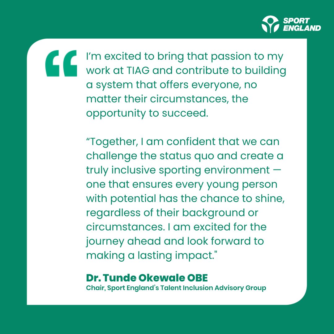 Sport England (@sport_england) on Twitter photo We're delighted that Dr Tunde Okewale OBE (<a href="/UrbnLawyer/">Dr Tunde Okewale OBE</a>) has been appointed Chair of #SportEngland's Talent Inclusion Advisory Group (TIAG).
The TIAG will support Sport England’s ambition to ensuring that talent pathways in England are, by design, more inclusive and accessible We're delighted that Dr Tunde Okewale OBE (<a href="/UrbnLawyer/">Dr Tunde Okewale OBE</a>) has been appointed Chair of #SportEngland's Talent Inclusion Advisory Group (TIAG).
The TIAG will support Sport England’s ambition to ensuring that talent pathways in England are, by design, more inclusive and accessible