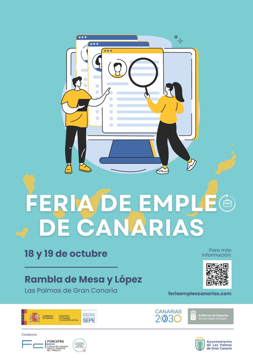 ¡Llega la Feria de Emple@ de Canarias‼️
No te pierdas esta gran oportunidad los días 18 y 19 de octubre en LPGC
Conecta con empresas, descubre nuevas oportunidades, emprendimiento y liderazgo
📍Ramblas Mesa y López
🔗feriadeempleodecanarias.com #SCEmpleo
#FeriadeEmpleodeCanarias