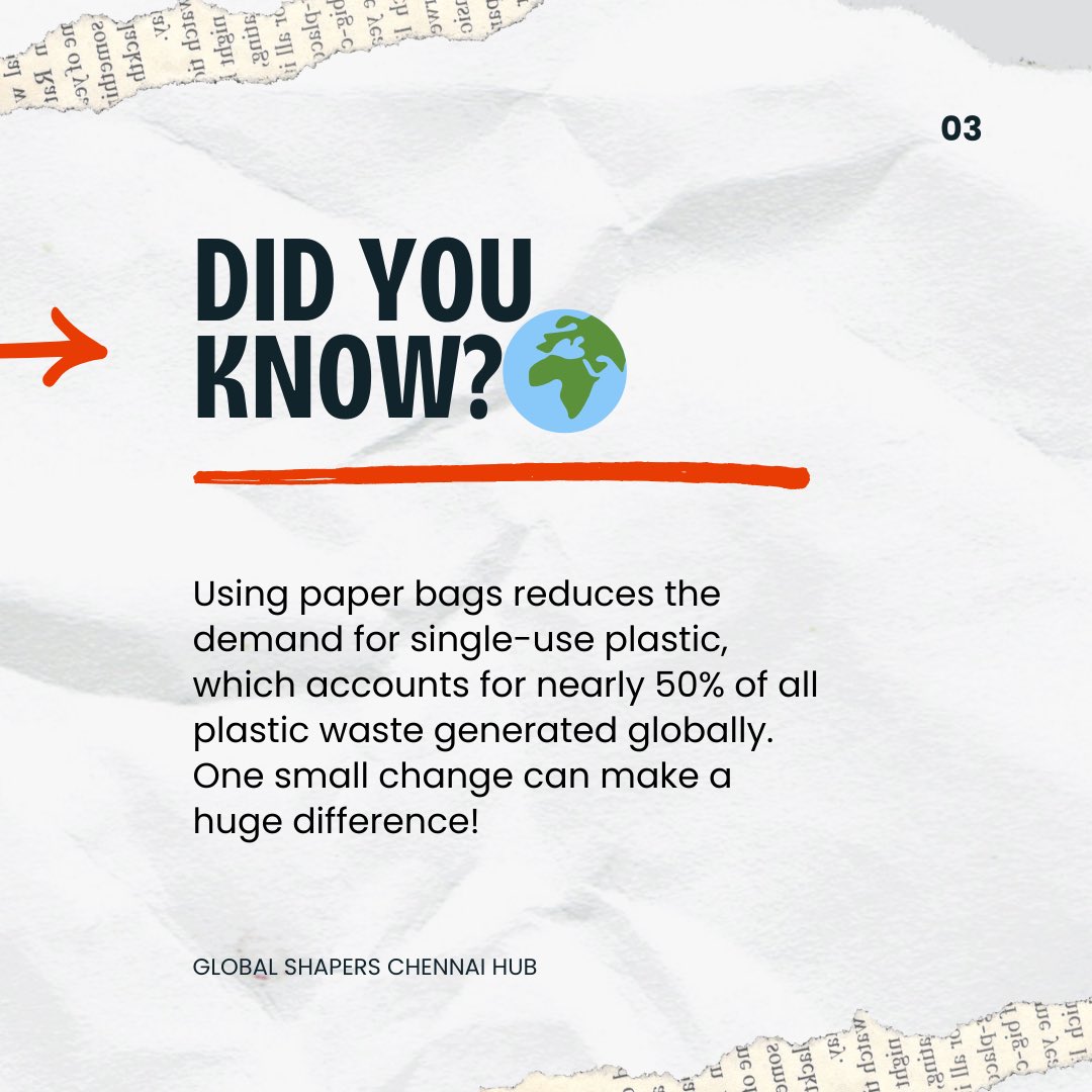 Global Shapers Chennai Hub's *BagXChange* initiative encourages the use of paper bags to reduce plastic waste. By choosing eco-friendly alternatives, we aim to create a cleaner, greener future. Small changes today can make a big impact on our environment.
