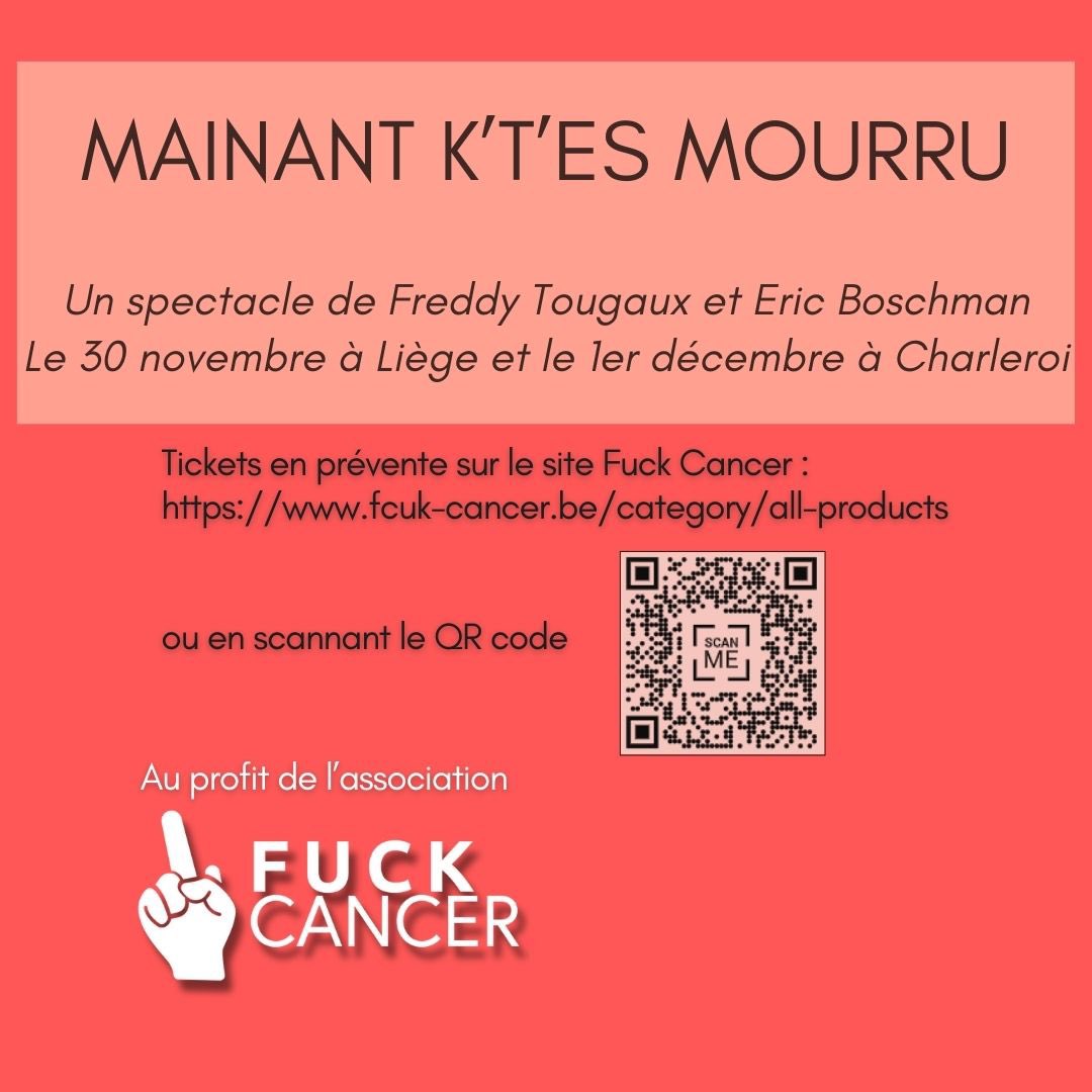 On recommence…

Tu veux assister à l’un des spectacles avec <a href="/freddy_tougaux/">Freddy Tougaux</a>  et @eric_boschman et soutenir @fuckcancer_be mais tu ne sais pas comment faire ? 
Je t’explique : tu vas sur notre site 
fcuk-cancer.be/category/all-p… ou tu scannes le QR code ⬇️
