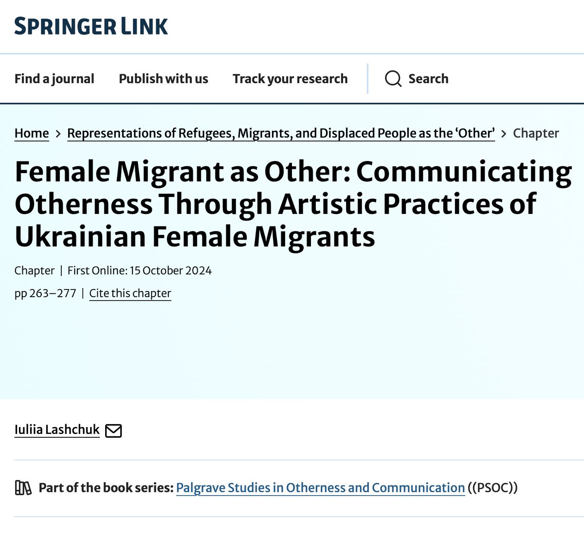 My chapter on the topic of female otherness in migration and its representation through artistic practices was finally published in the volume entitled ‘Representations of Refugees, Migrants, and Displaced People as the “Other”’.