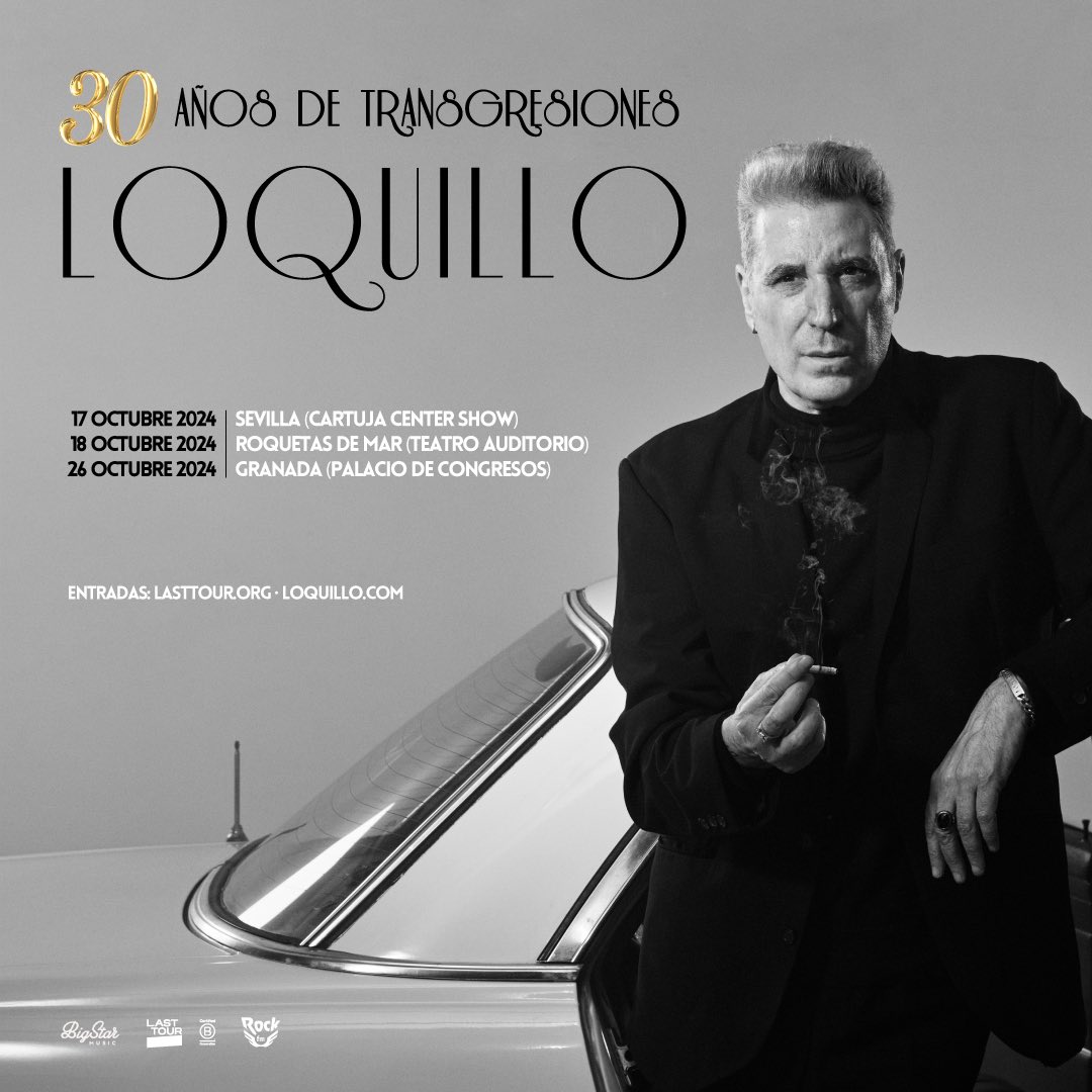La gira #30añosdetransgresiones llega a #Andalucía Mañana jueves 17/10 <a href="/Loquillo/">Loquillo</a> visita <a href="/CartujaCenter/">Cartuja Center CITE</a> El viernes 18/10 estará en #RoquetasDeMar Y el próximo sábado 26/10 abrocha su paso por Andalucía en el Palacio de congresos de #Granada.

🎫 loquillo.com/gira