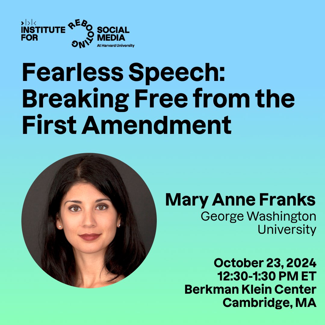 Applied Social Media Lab (@thelabbkc) on Twitter photo SAVE THE DATE!
RSM's Speaker Series <a href="/BKCHarvard/">Berkman Klein Center for Internet & Society</a> continues on 10/23 with <a href="/ma_franks/">Dr. Mary Anne Franks</a> to discuss her new book, Fearless Speech: Breaking Free from the First Amendment!
RSVP to join us in-person or on Zoom: rebootingsocialmedia.org/events/fearles⦠SAVE THE DATE!
RSM's Speaker Series <a href="/BKCHarvard/">Berkman Klein Center for Internet & Society</a> continues on 10/23 with <a href="/ma_franks/">Dr. Mary Anne Franks</a> to discuss her new book, Fearless Speech: Breaking Free from the First Amendment!
RSVP to join us in-person or on Zoom: rebootingsocialmedia.org/events/fearlesā¦