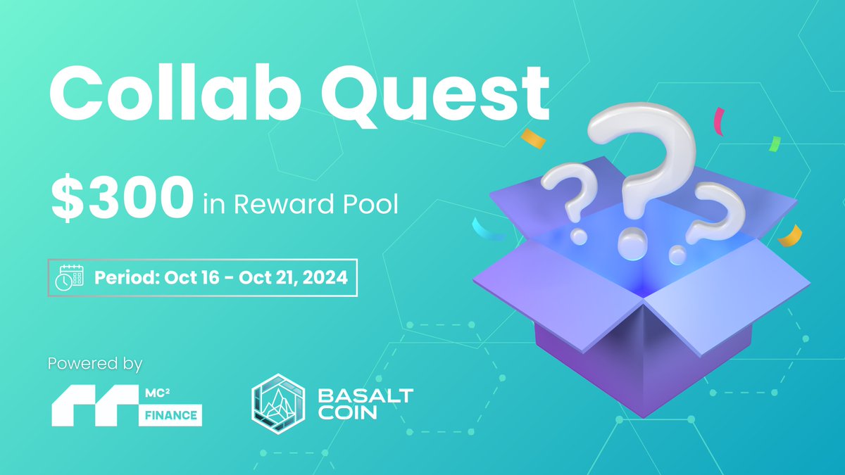 mcsquaredfi's tweet photo. 🚀 @mcsquaredfi x @BasaltCoin Collab Quest on Zealy! 🎯

🎉 Complete tasks, win rewards, and enter the raffle!

🔗 Start your adventure: https://t.co/kce3kQNSnk

💰 Prizes:
• 5x $30 in tokens from MC² Finance
• 5x $30 in tokens from BasaltCoin

📅 October 16 - October 21

🎯 Your Mission:

• Explore BasaltCoin's and MC²'s product
• Connect with both communities
• Enter the raffle to win awesome rewards

🛠️ Finish tasks, enter the raffle, and score big! 🔑

Don’t miss out!

#CryptoCollab #CryptoCommunity #QuestChallenge