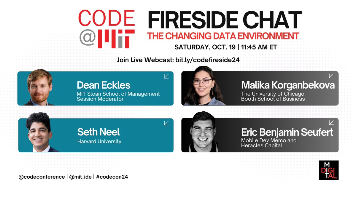 MIT IDE (@mit_ide) on Twitter photo The <a href="/CODEConference/">Conference on Digital Experimentation</a> (CODE@MIT) is happy to provide free, open access to the Fireside Chat, "The Changing #Data Environment" this Saturday, October 19 at 11:45am ET.
Tune in for the livestream or watch on demand.
<a href="/deaneckles/">Dean Eckles</a> will be joined by expert panelists:
⭐<a href="/malika_kor/">Malika Korganbekova</a> The <a href="/CODEConference/">Conference on Digital Experimentation</a> (CODE@MIT) is happy to provide free, open access to the Fireside Chat, "The Changing #Data Environment" this Saturday, October 19 at 11:45am ET.
Tune in for the livestream or watch on demand.
<a href="/deaneckles/">Dean Eckles</a> will be joined by expert panelists:
⭐<a href="/malika_kor/">Malika Korganbekova</a>