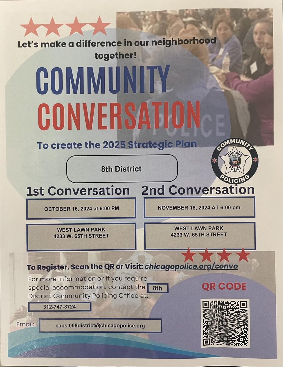 RepAGC's tweet photo. Community Conversation 2025 Strategic Plan is a 2-part series of conversations. WE want to hear from our neighbors.
The 1st Conversation/ 1a Conversación
🗓 Wed., 10-16, -24
📍West Lawn Park, 4233 W. 65th St.
⏰6:00pm
#BuildingCommunityIn22 @Chicago_Police @ChicagoCAPS08 https://t.co/YRtEXbGg9Z