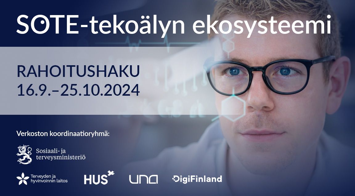 DigiFinlandOy's tweet photo. 📢📅 SOTE-tekoälyn ekosysteemin avaama rahoitushaku hyvinvointialueiden, HUS-yhtymän ja Helsingin kaupungin sosiaali- ja terveysalan tekoälyhankkeille päättyy perjantaina 25.10.2024 - vielä ehdit hakea!
Lisätietoja: https://t.co/xa0R7mvRvh
#Sotetekoäly #Sotedigi #DigiFinland https://t.co/Qmj5zPWqmV