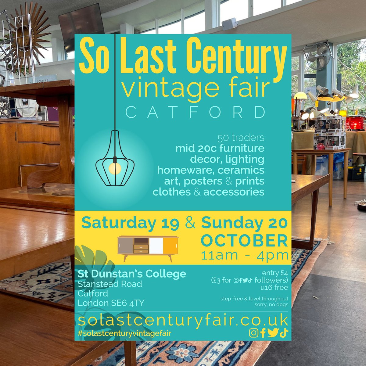 This weekend it’s So Last Century’s big autumn two-day Vintage Fair at St Dunstan’s College, Catford

11-4pm

50 traders with mid-20C furniture, lighting, homeware, posters, records, salvaged items, clothes &amp; more

🎟️ Advance tickets available
Limited 2-for-1 deal. Get yours now!