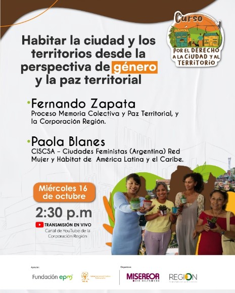 Vamos a conversar sobre cómo desde el enfoque de género y desde el enfoque de paz territorial urbana, se aportan criterios y herramientas útiles para pensar un ordenamiento territorial alternativo.

Cordialmente invitadas e invitados.