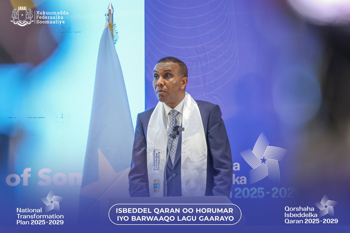 SomaliPM's tweet photo. H.E. President @HassanSMohamud officially launched Somalia's National Transformation Plan (NTP) Labs in Mogadishu today, marking a significant moment in the country's development efforts. Emphasising the importance of tangible results, President Mohamud highlighted the Lab's role in driving progress and innovation across key sectors.

H.E. Prime Minister @HamzaAbdiBarre, also present at the event, lauded the launch as a pivotal step towards advancing Somalia's national development goals. With a focus on Agriculture, Fisheries, Energy, Education, Healthcare, and Logistics, Phase I of the National Transformation Plan is set to address crucial areas vital to Somalia's growth and sustainability.

The NTP Labs are designed to serve as hubs for fostering innovation, collaboration, and sustainable growth in these strategic sectors, reflecting #Somalia's commitment to building a brighter future for our citizens.
#SomaliaNTP2029 #DanQaran