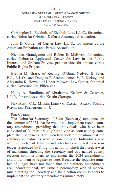 New: Nebraska Supreme Court orders the secretary of state to immediately carry out a new state law that gives people convicted of felony crimes their right to vote back once they complete their sentence nebraska.gov/apps-courts-ep…