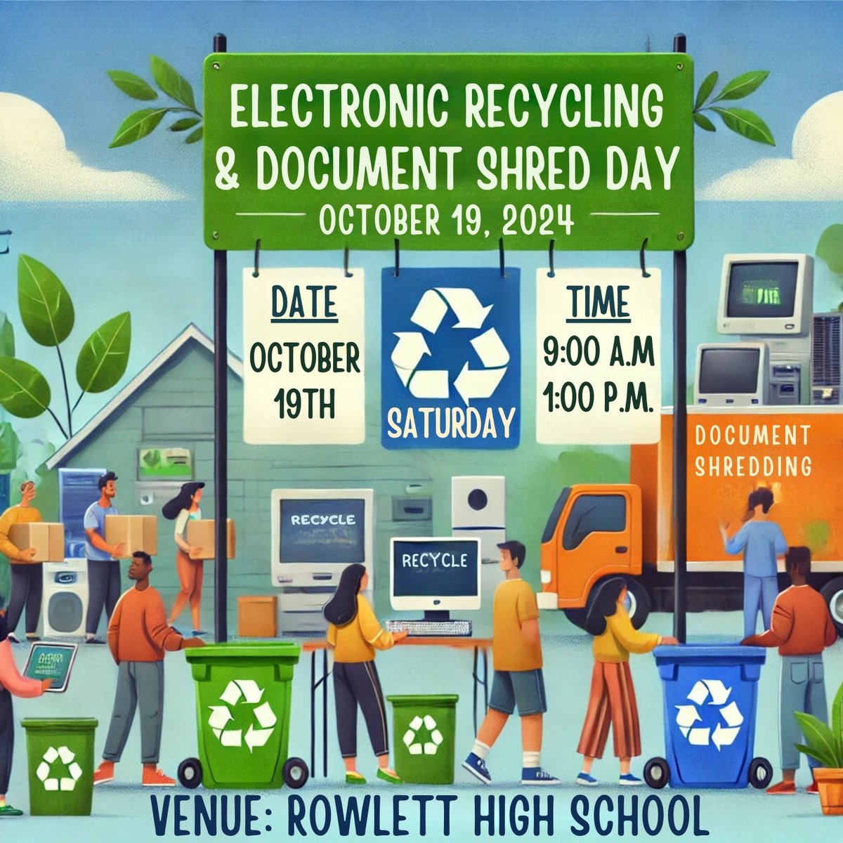 KRB_RowlettTX's tweet image. Don’t miss out, Rowlett!

It’s Electronic Recycling &amp;amp; Shred Day!🖥️

Join Keep Rowlett Beautiful on Oct 19th, 9AM-1PM at Rowlett HS.

Declutter, protect your data, AND save the planet—all in one day!🌍

Let’s make a difference together!♻️

#KRB #CleanandGreen #ERecycle #ShredDay