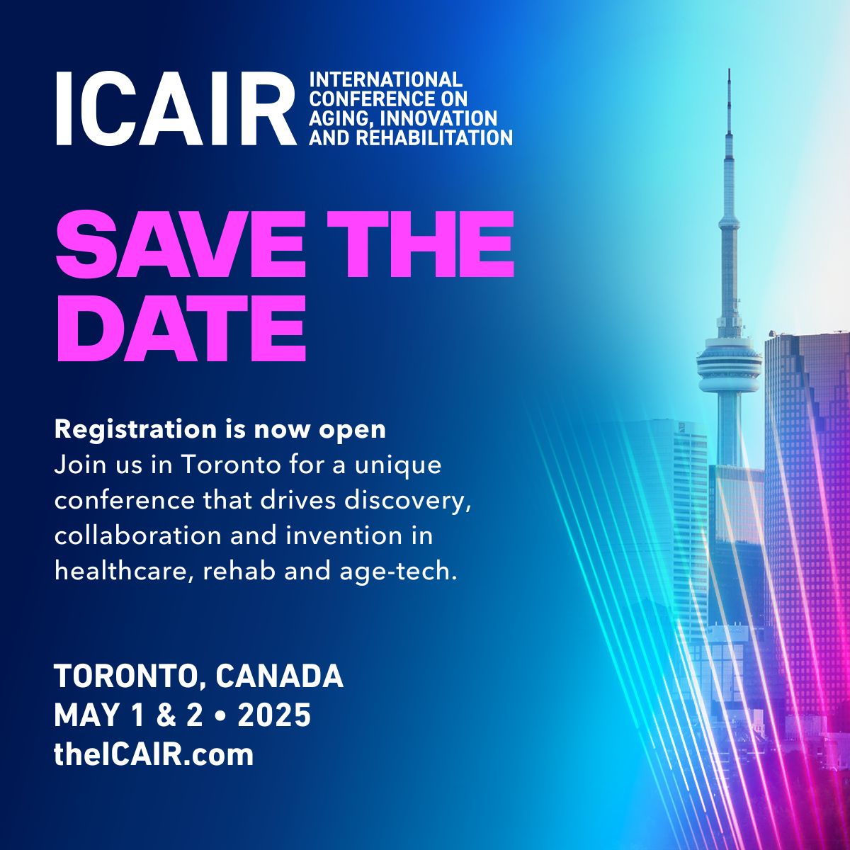 Mark your calendars! 🗓️   

The premier rehabilitation research conference is returning to Toronto May 1 &amp; 2, 2025.  

Secure your seat at the forefront of innovation.  

Register now: bit.ly/40Uhbqi #ICAIR2025