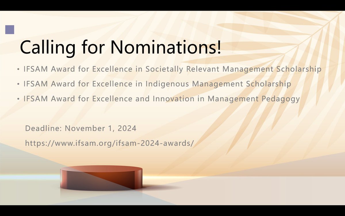 IFSAM (@ifsam_org) on Twitter photo ⏳ 2 weeks left! Submit your nominations for the 2024 IFSAM Awards in these categories:
🏆 Excellence in Societally Relevant Management
🏆 Excellence in Indigenous Management
🏆 Excellence & Innovation in Management Pedagogy
ifsam.org/ifsam-2024-awa…
Email: awards@ifsam.org ⏳ 2 weeks left! Submit your nominations for the 2024 IFSAM Awards in these categories:
🏆 Excellence in Societally Relevant Management
🏆 Excellence in Indigenous Management
🏆 Excellence & Innovation in Management Pedagogy
ifsam.org/ifsam-2024-awa…
Email: awards@ifsam.org