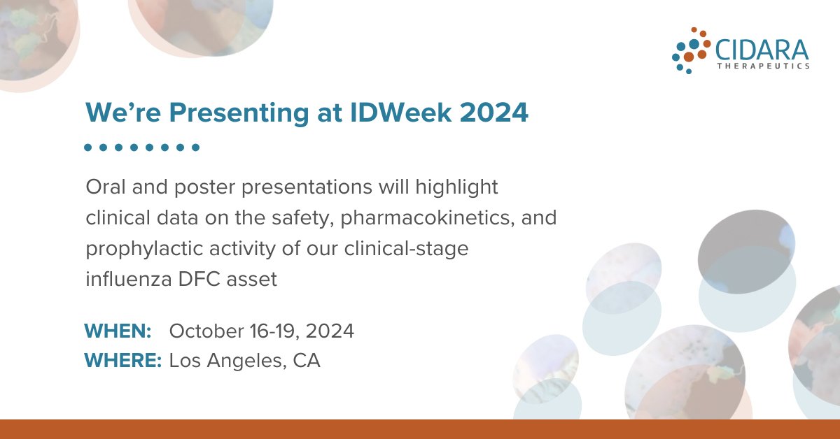 We’re presenting at this year’s <a href="/IDWeekmtg/">IDWeek</a>! Our two presentations will highlight clinical data on the safety, pharmacokinetics and prophylactic activity of our drug-Fc conjugate (DFC) asset for #influenza. Read more: cidara.com/news/cidara-th… #IDWeek2024