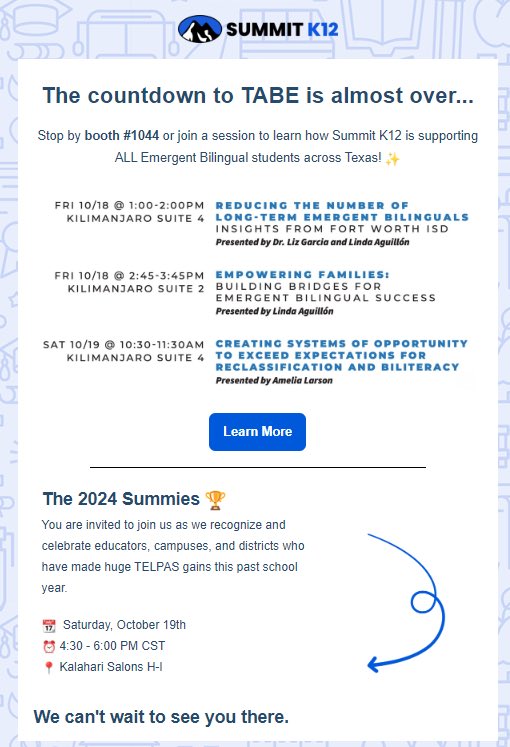 Join us at TABE to discover how <a href="/summit_k12/">SummitK12</a> can partner with you in your dedication to supporting EBs. We provide tailored solutions that empower students, enhance family engagement, and boost reclassification. Come see us!! 🙌🏽💙