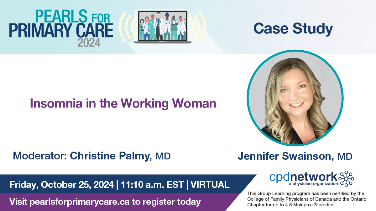 PPCconference's tweet image. Insomnia can take a toll on both nighttime and daytime health, especially for working women. Join Dr. Jennifer Swainson at #PearlsForPrimaryCare as she discusses practical approaches to treating insomnia. Don’t miss out – register here: pearlsforprimarycare.ca
