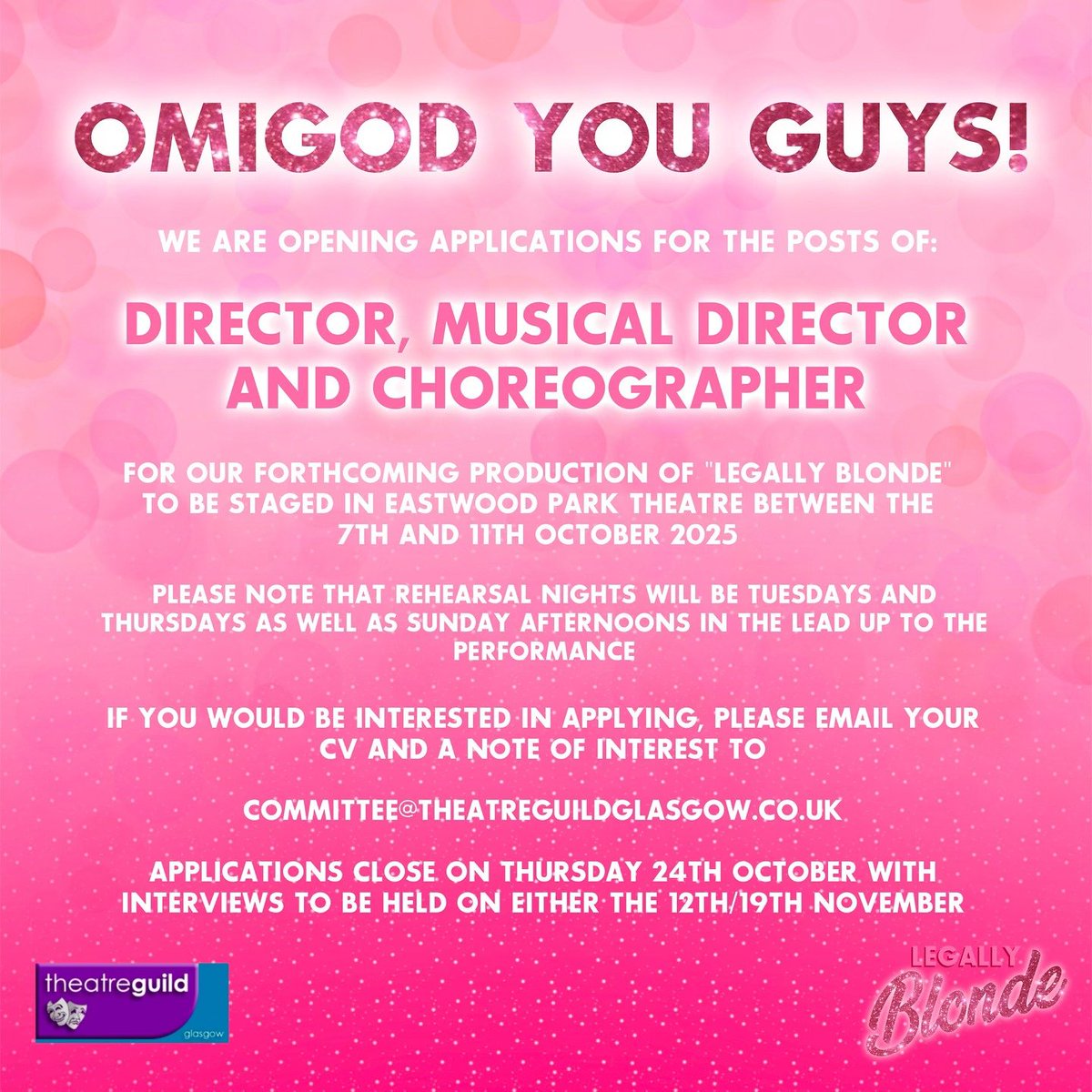 WhatsOnSAT's tweet photo. Omigod You Guys @TheatreGuildG are looking for a #Director #MusicalDirector &amp; #Choreographer to join them for #LegallyBlondeMusical https://t.co/2tiramFbxo