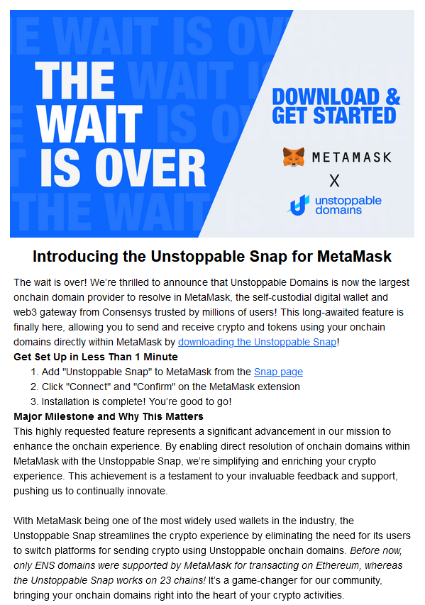 Huge news, everyone.

🔥🔥🔥UNSTOPPABLE DOMAINS CAN NOW BE USED WITH METAMASK. 🔥🔥🔥

Full announcement on the UD blog:
unstoppabledomains.com/blog/categorie… 👈