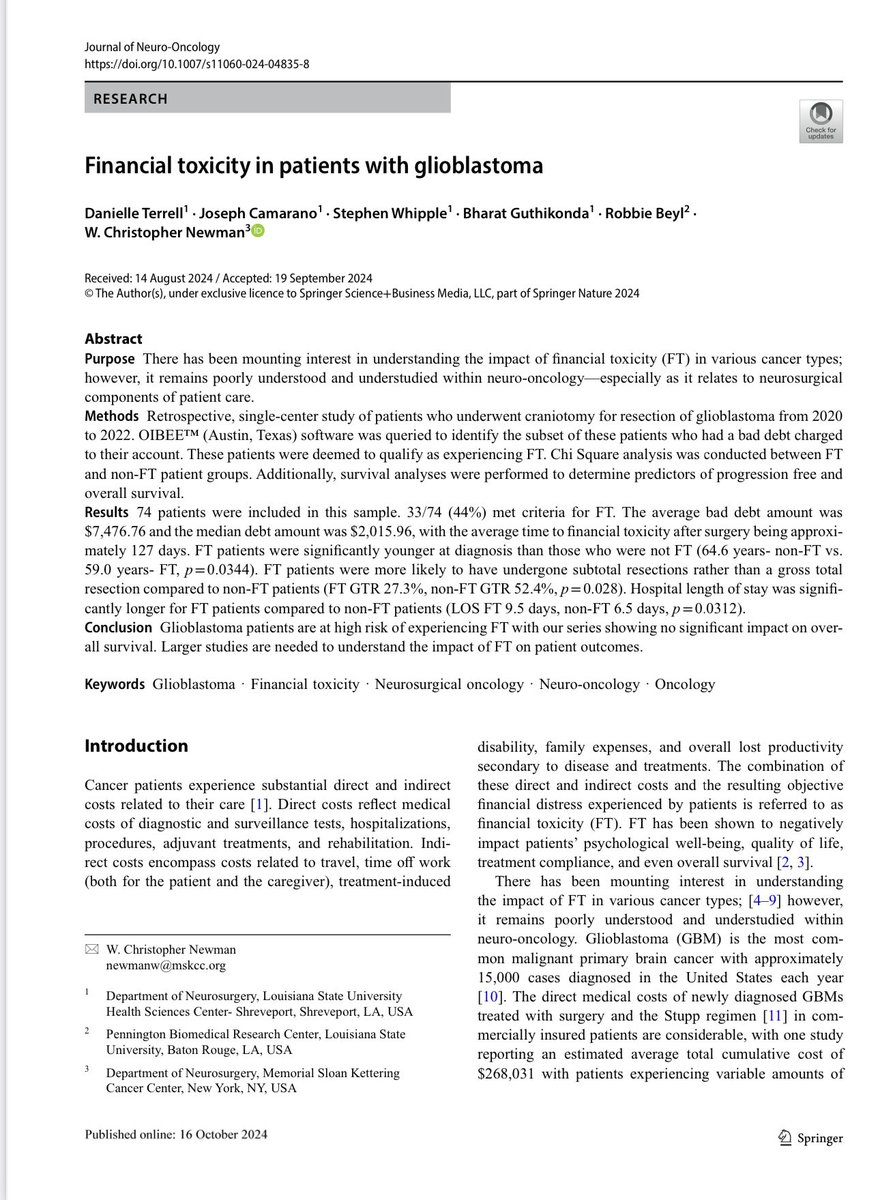 W. Christopher Newman, MD (@spineoncdoc) on Twitter photo Excited to see work from my time at <a href="/UNeurosurgery/">LSU Health Shreveport Neurosurgery</a> with <a href="/DaniTerrellMD/">Dani Terrell</a> looking at financial toxicity in patients with #Glioblastoma making it to print in <a href="/JNeurooncol/">Journal of Neuro-Oncology</a>. Understanding the financial impact of #CancerCare is critical to patient outcomes.
link.springer.com/article/10.100… Excited to see work from my time at <a href="/UNeurosurgery/">LSU Health Shreveport Neurosurgery</a> with <a href="/DaniTerrellMD/">Dani Terrell</a> looking at financial toxicity in patients with #Glioblastoma making it to print in <a href="/JNeurooncol/">Journal of Neuro-Oncology</a>. Understanding the financial impact of #CancerCare is critical to patient outcomes.
link.springer.com/article/10.100…
