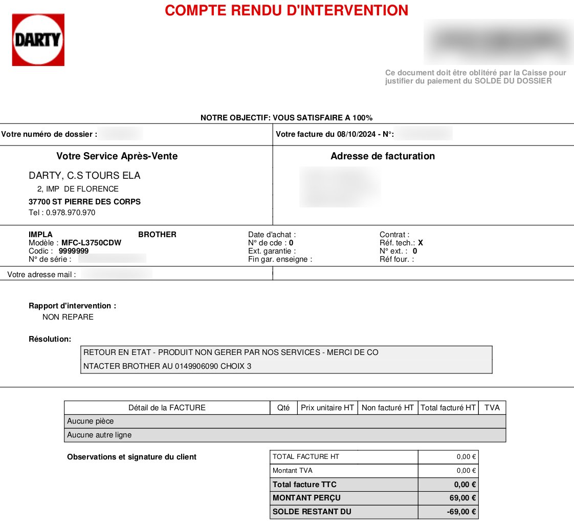 Romain_Maziere's tweet image. - Bonjour @darty_officiel, réparez-vous des appareils non achetés chez vous.
- Oui. De quoi s'agit-il ?
- Une imprimante Brother modèle xxx.
- Ok, à déposer en magasin pour diagnostique par SAV. C'est 69€.
- Ok
...
- Produit non géré, contacter Brother.
#arnaque #sav #darty