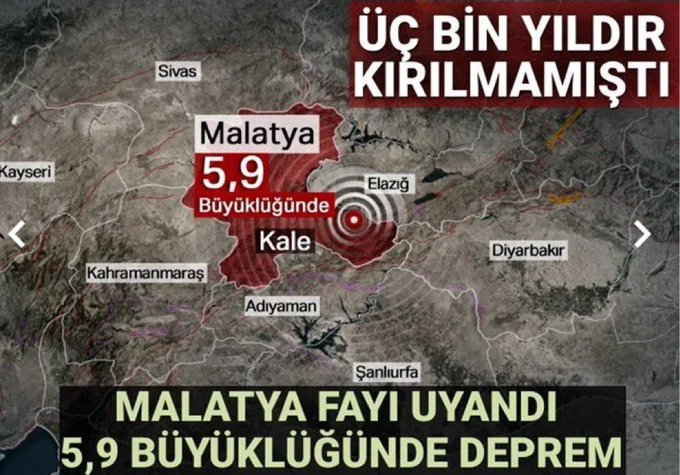 Malatya’da 5.9 büyüklüğünde deprem olmuş, umarım cam ve mal kaybı yoktur,depremi hisseden herkese büyük geçmiş olsun. 6 Şubat tan sonra sürekli sallanıyoruz 🥹

#Malatya #Diyarbakır #Deprem #ÇokKötü #MalatyaDeprem