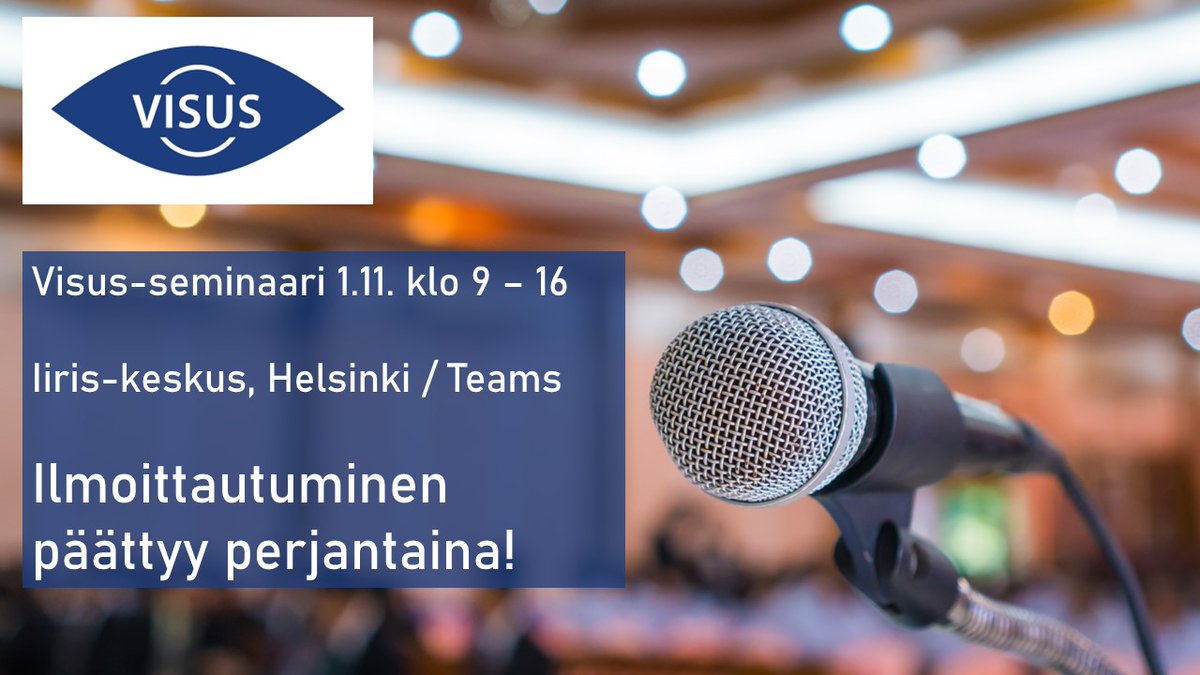 VISUShanke's tweet photo. Ilmoittaudu mukaan loppuvuoden kiinnostavimpaan terveystapahtumaan perjantaihin 18.10. mennessä! Visus-seminaarissa käsitellään näkövammaisuuteen ja terveyteen liittyviä teemoja monista näkökulmista. Lisätietoja kotisivuiltamme: https://t.co/0QRiuEmrMF 
#Visus2024 https://t.co/tNDZPkM6lF