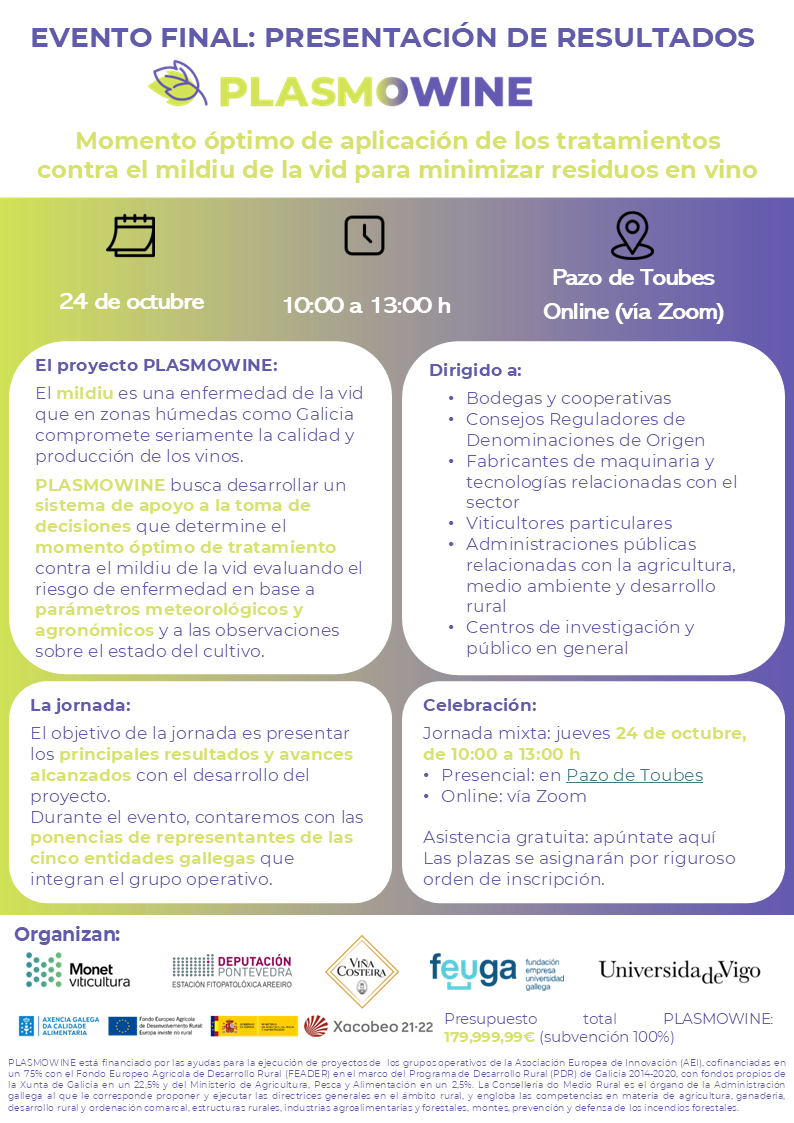 plasmowine's tweet photo. ¡No te lo pierdas! 🌿🍇 En el evento final del GO @plasmowine, Débora Franco de @monetvino presentará los modelos de predicción de mildiu en viñedos y los resultados obtenidos para aplicar tratamientos en las fechas ideales. ¡Protege tu viñedo de forma eficaz! https://t.co/UZaV0Oxuqo