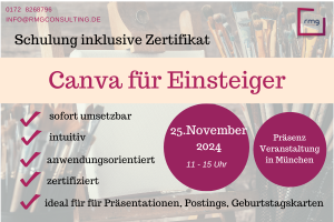 🎨 Werde kreativ mit Canva!

Ob für Social Media, dein Business oder einfach so – mit Canva kannst du alles designen!

📍 Wo: München

📩 Kontakt: info@rmgconsulting.de
📞 Telefon: 0172 8268796
