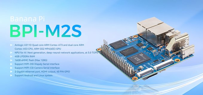 sinovoip's tweet photo. BananaPi BPI-M2S new design with Amlogic A311D, 4 core ARM Cortex-A73 and 4 core ARM Cortex-A53 CPU,ARM G52 MP4(6EE) GPU,NPU for AI at 5.0 TOPS, support Camera and MIPI-CSI interface ,HDMI output,2 Gigabit port, 4G RAM and 16 GB eMMC.
https://t.co/D2eital39p
#BPI #A311D #Amlogic https://t.co/YotAlpY9Kz