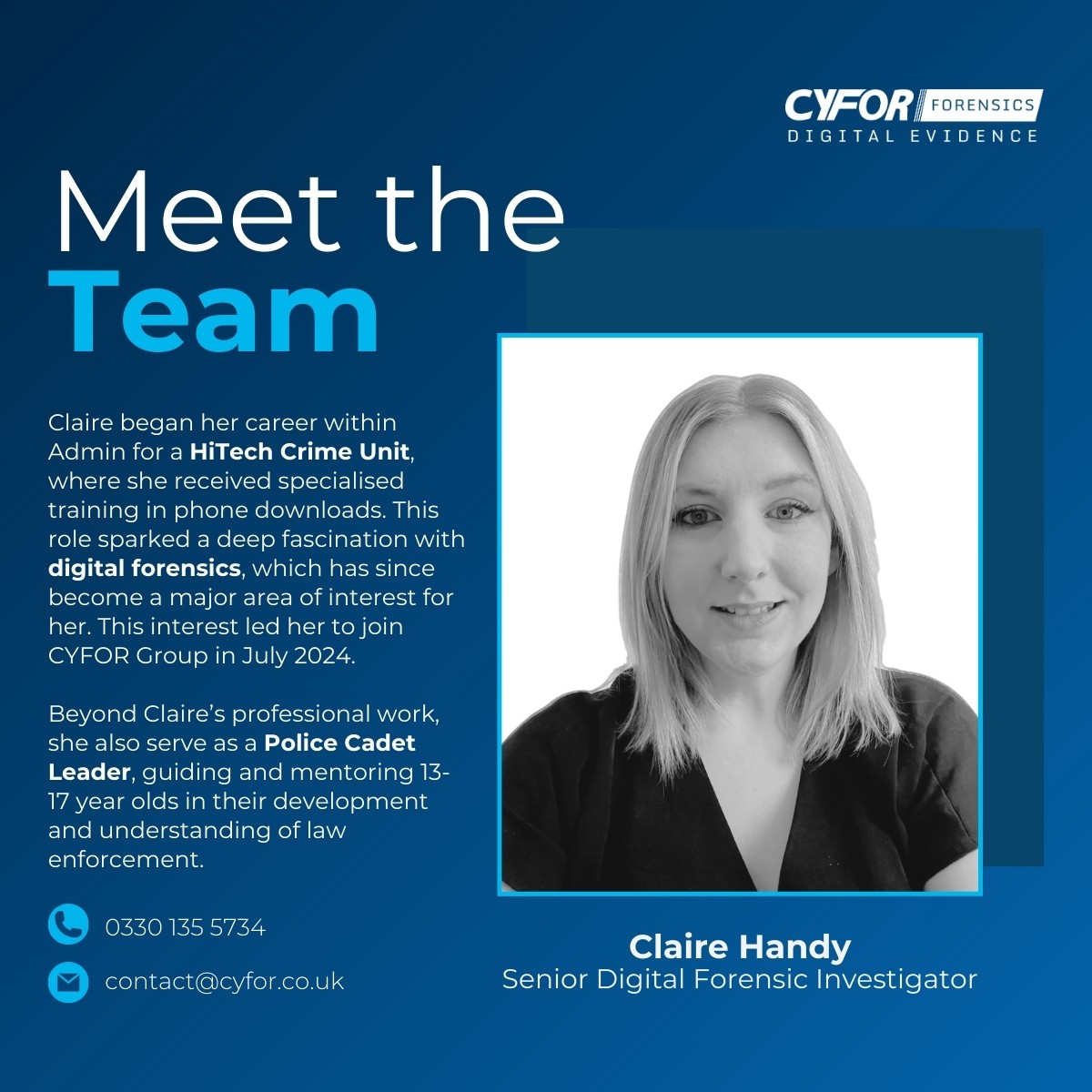 cyforforensics's tweet photo. Meet Claire Handy, the latest member to join our Leicester team in our team of Senior #DigitalForensic Investigators. 👋

We're thrilled to welcome Claire to the team and look forward to her future at the CYFOR Group!

Learn more about Claire below. 👇

#meettheteam https://t.co/SsETQ7FWwu