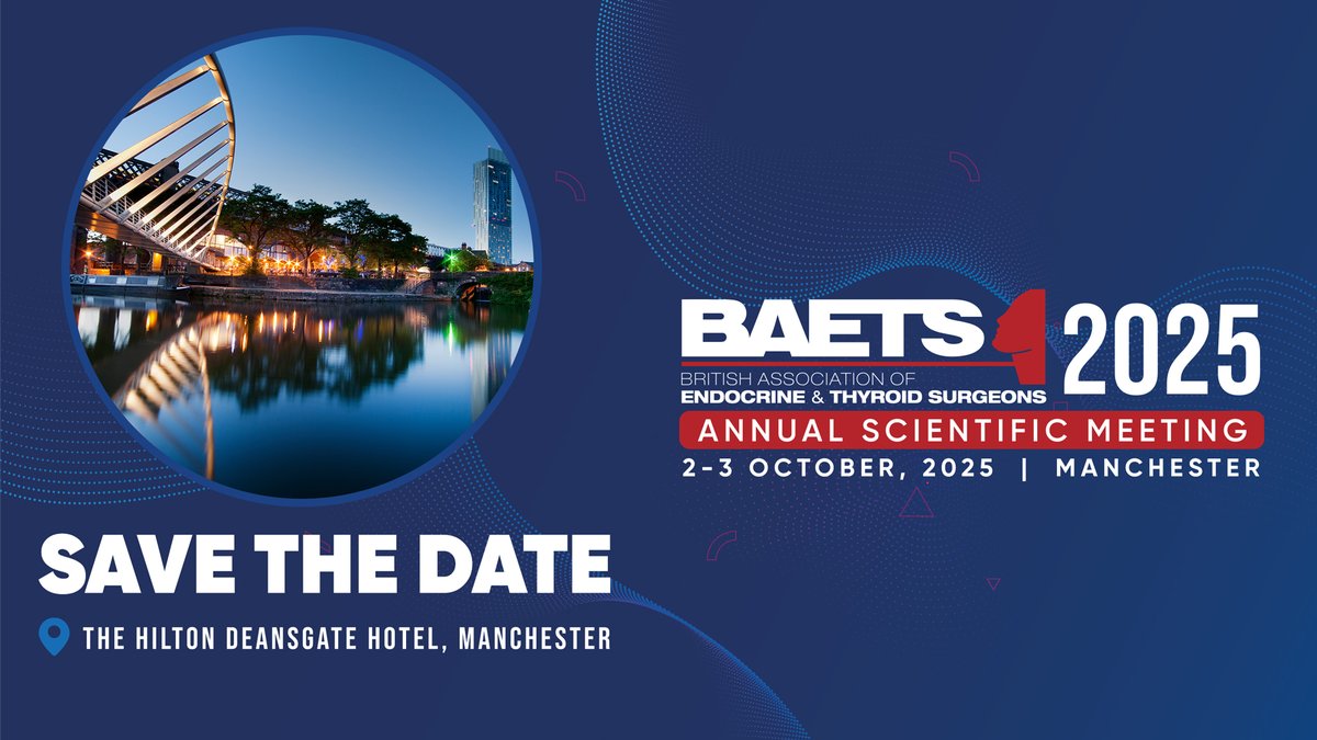 British Association of Endocrine&Thyroid Surgeons (@baets_uk) on Twitter photo A huge thank you to everyone involved in #BAETS2024! 🙌 Grateful to all who attended & contributed. Special thanks to <a href="/aimeedimarco/">aimee di marco MA PhD FRCS</a>, <a href="/ffpalazzo/">Fausto Palazzo</a>, Neil Tolley, <a href="/Bhavnita/">Bhavnita Patel</a>, and Sheila Fraser for making it a success.
Mark your calendars for #BAETS2025 in Manchester, A huge thank you to everyone involved in #BAETS2024! 🙌 Grateful to all who attended & contributed. Special thanks to <a href="/aimeedimarco/">aimee di marco MA PhD FRCS</a>, <a href="/ffpalazzo/">Fausto Palazzo</a>, Neil Tolley, <a href="/Bhavnita/">Bhavnita Patel</a>, and Sheila Fraser for making it a success.
Mark your calendars for #BAETS2025 in Manchester,