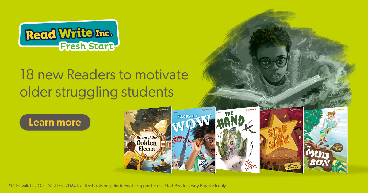OUPSecondary's tweet photo. π£ Introducing 18 new #ReadWriteIncFreshStart Readers!π€©
π Aligned to the new Fresh Start Modules
π Engaging stories and illustrations
π 2 Fiction or non-fiction texts per Reader
π Short, accessible chapters
π Supports independent reading
Explore π https://t.co/Z65F3tIJSS https://t.co/ObXQK43K6a