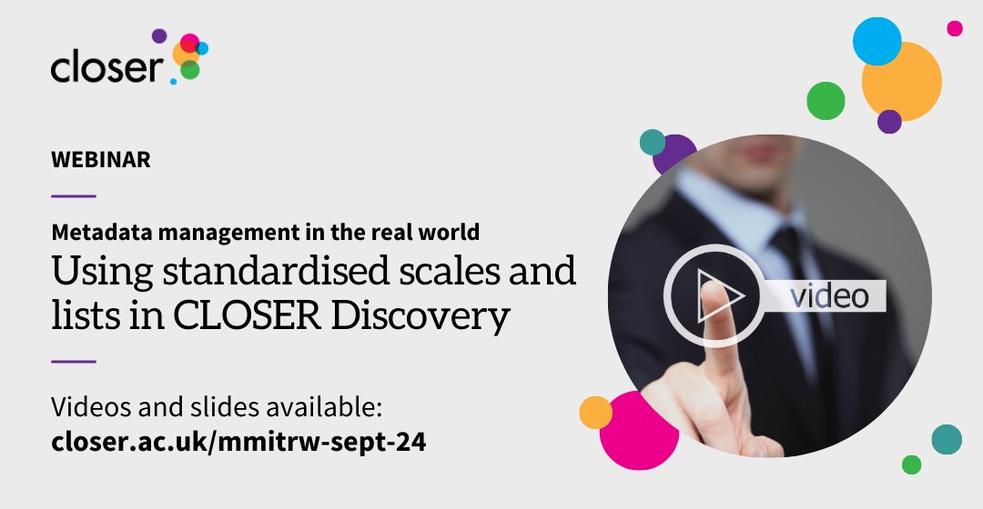 🔔Videos and slides now available from our recent webinar showcasing the standardised scales and lists features on CLOSER Discovery!

Catch up on how you can make the most of this functionality to help find longitudinal data that meets your research needs! closer.ac.uk/event/mmitrw-s…