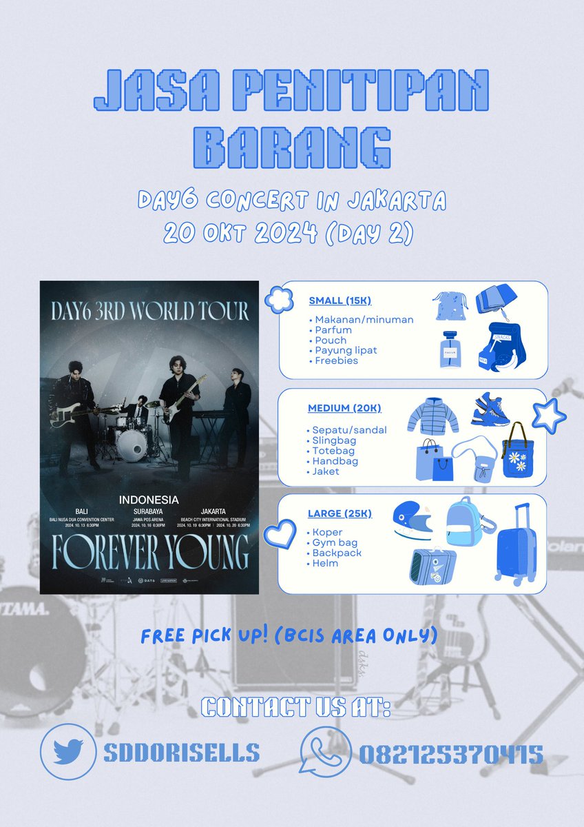 sddorisells's tweet image. 🚨 Open Jasa Titip Barang DAY6: FOREVER YOUNG in JKT [Day 2]! 🚨

🎟️ Price: Only 15k-25k
✅ Trusted Service
✅ Exclusive WA Group for Updates
✅ Free Pickup at Venue Area!

👉 Book your slot here bit.ly/SlotJastipBara… or DM us for more info!

#ForeverYounginJakarta