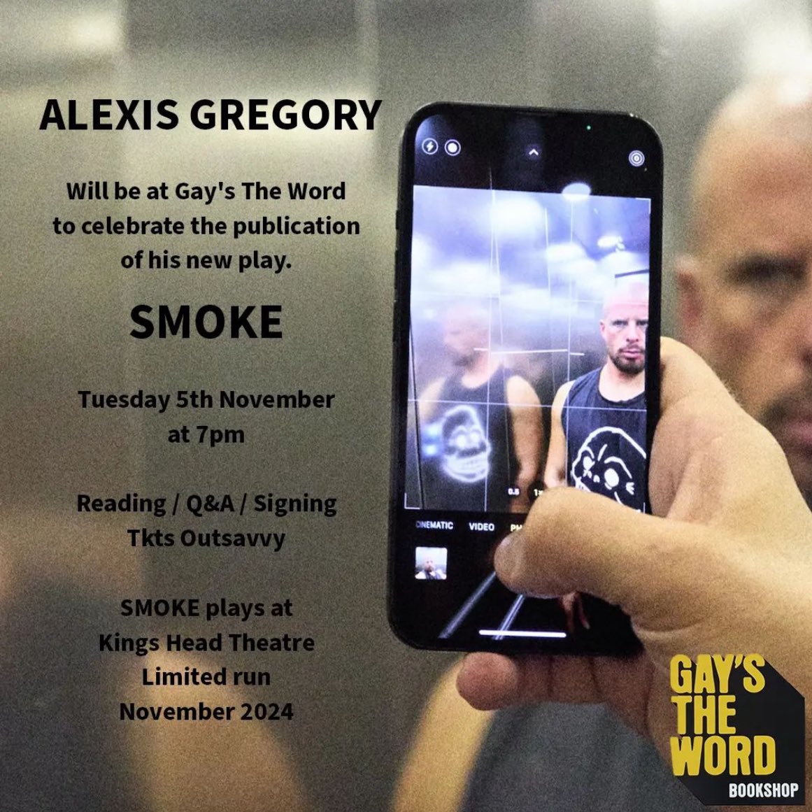lexigregory's tweet photo. I’m at @gaystheword launching the publication of my new solo queer theatre play-text  SMOKE @MethuenDrama 

Nov 5th
Book via @outsavvy
Reading, a Q&amp;A, a signing and drinks.
Tickets only £3

The play is on at @KingsHeadThtr this November.

Thanks to GTW.

https://t.co/YXYoScCnYh https://t.co/AFrT4sg2ua
