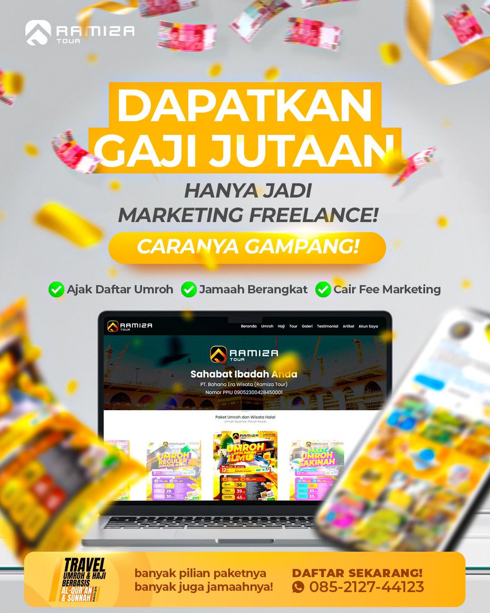 edoridlo's tweet photo. @tanyakanrl 🌟 Bergabunglah Bersama Kami sebagai Freelance Marketing Ramiza Tour! 🌟

Apakah kamu ingin berbagi pengalaman berharga tentang umroh? Ajak teman, kerabat, dan komunitasmu untuk meraih berkah bersama Ramiza Tour!

Daftar sekarang melalui no. WhatsApp di 0852-1274-4123 https://t.co/6HQdmsNnYY