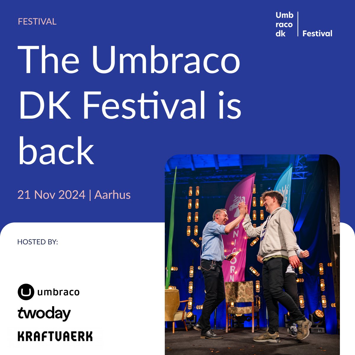 umbraco's tweet photo. The Umbraco DK Festival is back, and you don’t want to miss it! 🎉
Exciting talks, fellow Umbraco peers, and new inspiration.
Join us Nov. 21, Aarhus, Denmark.

⚡ Early bird tickets are available! Get all the details and tickets here:  https://t.co/SCzegeL25Z

#umbdkfest #umbraco