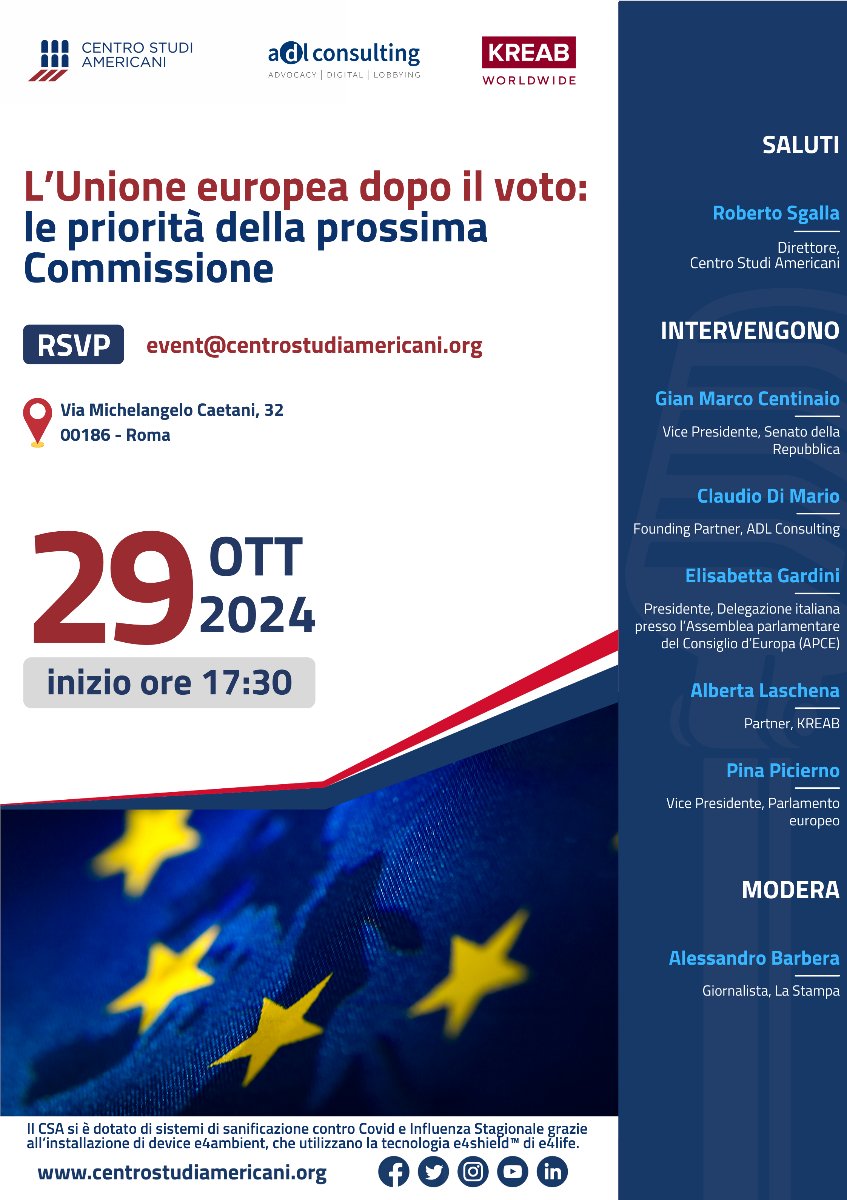 CentroStudiAmericani (@centrostudiusa) on Twitter photo 📌29 ottobre - 17:30
in collaborazione con <a href="/Adl_Consulting/">Adl Consulting</a> e <a href="/KreabEU/">Kreab EU</a>
Gian Marco Centinaio <a href="/giamma71/">Gian Marco Centinaio</a>
Claudio Di Mario <a href="/ingdimario/">Claudio Di Mario</a>
Elisabetta Gardini <a href="/EGardini/">Elisabetta Gardini</a>
<a href="/AlbertaLaschena/">Alberta Laschena</a>
Pina Picierno <a href="/pinapic/">Pina Picierno</a>
MODERA <a href="/alexbarbera/">Alessandro Barbera</a> <a href="/LaStampa/">La Stampa</a>
📩
event@centrostudiamericani.org 📌29 ottobre - 17:30
in collaborazione con <a href="/Adl_Consulting/">Adl Consulting</a> e <a href="/KreabEU/">Kreab EU</a>
Gian Marco Centinaio <a href="/giamma71/">Gian Marco Centinaio</a>
Claudio Di Mario <a href="/ingdimario/">Claudio Di Mario</a>
Elisabetta Gardini <a href="/EGardini/">Elisabetta Gardini</a>
<a href="/AlbertaLaschena/">Alberta Laschena</a>
Pina Picierno <a href="/pinapic/">Pina Picierno</a>
MODERA <a href="/alexbarbera/">Alessandro Barbera</a> <a href="/LaStampa/">La Stampa</a>
📩
event@centrostudiamericani.org
