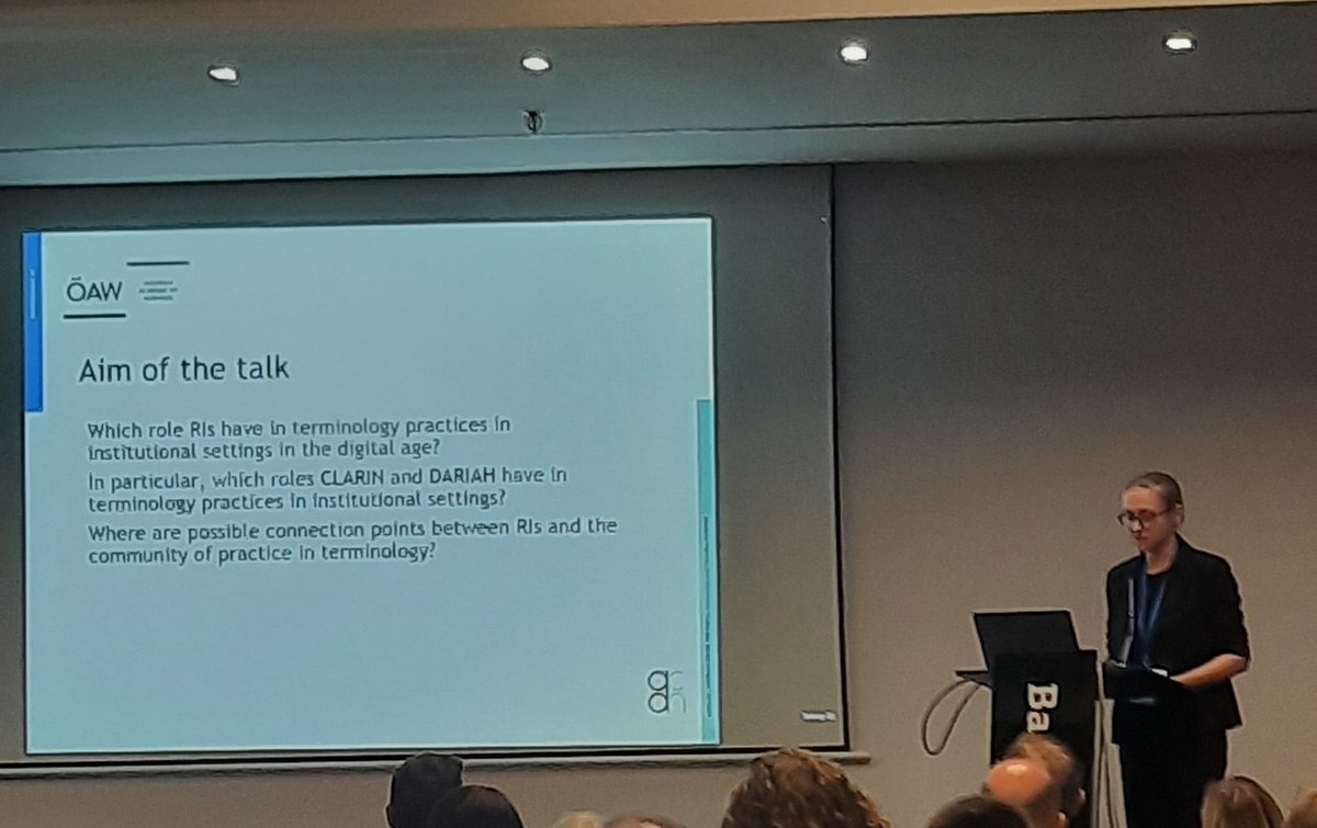CLARIAH-AT (@atclariah) on Twitter photo The 2nd confernce day of #CLARIN2024 is in full swing!
Tanja Wissik <a href="/ACDH_OeAW/">ACDH-CH</a> is kicking off the Session on 'Resources & Usage' with a presentation on "An Infrastructural Approach on Terminology Work: The Case of Research Infrastructures" such as <a href="/CLARINERIC/">CLARIN ERIC</a> & <a href="/DARIAHeu/">DARIAH-EU | @dariaheu.bsky.social</a> The 2nd confernce day of #CLARIN2024 is in full swing!
Tanja Wissik <a href="/ACDH_OeAW/">ACDH-CH</a> is kicking off the Session on 'Resources & Usage' with a presentation on "An Infrastructural Approach on Terminology Work: The Case of Research Infrastructures" such as <a href="/CLARINERIC/">CLARIN ERIC</a> & <a href="/DARIAHeu/">DARIAH-EU | @dariaheu.bsky.social</a>