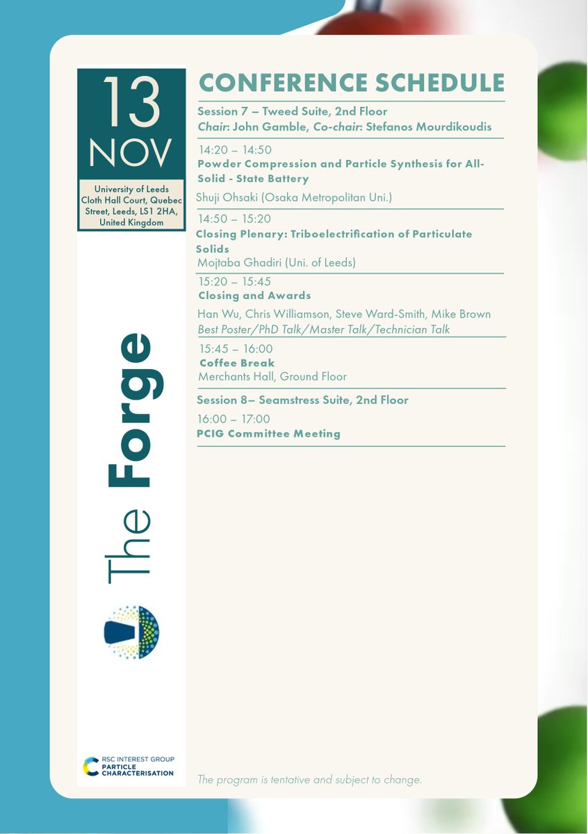 🎉 Exciting news! The tentative program for The Forge is now available!

Join us for insightful sessions, expert speakers, and dynamic discussions on Particle Characterisation. 📅12-13 Nov Leeds UK

Check it out &amp; mark your calendar! 
👉rsc.org/events/detail/…
 #pcig  #RSC