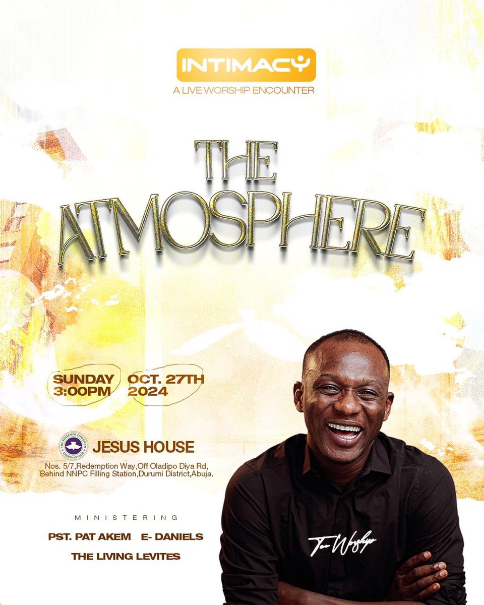 teeworship5's tweet photo. A Special invite from my leader and coach - PLA @LekeAdeboye
Intimacy (A Live Worship Encounter) tagged โThe Atmosphereโ
Date: Sunday 27th October 2024
Time: 3pm prompt (No African Time)
Venue: RCCG Jesus House Abuja
#intimacy
#theatmosphere
#teeworship https://t.co/ejML5qckPu